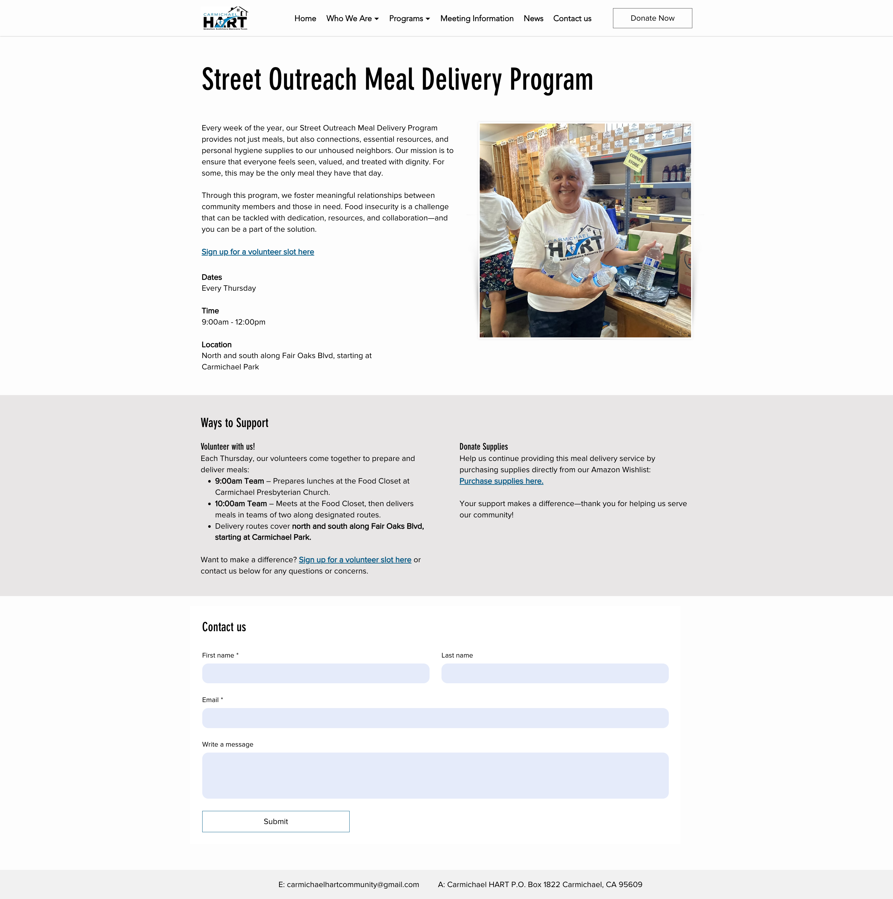 Individual program detail page for the Street Outreach Meal Delivery Program, showing the reusable template's Dates, Time, Location, Ways to Support, and contact form sections